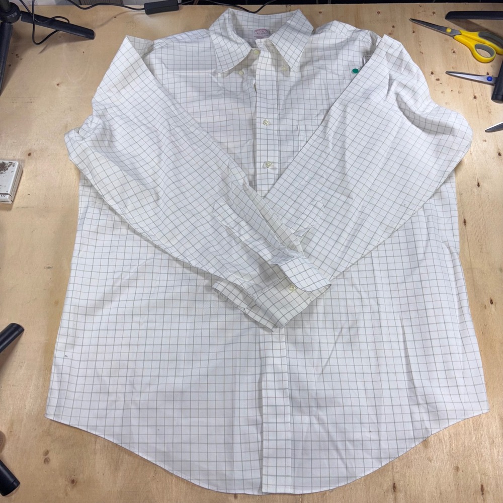 Brooks Brothers Mens 17-36 Traditional Fit Non Iron Grid Dress Shirt White